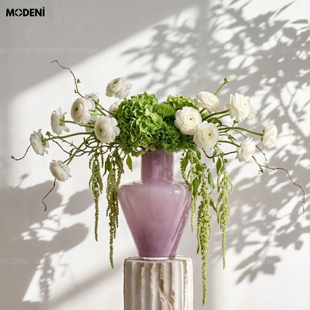 Bình Hoa Lush Thủy Tinh Cao Cấp – Decor Bàn Sang Trọng – Màu Tím Hồng Nhạt 30cm Phù Hợp Phòng Khách, Console