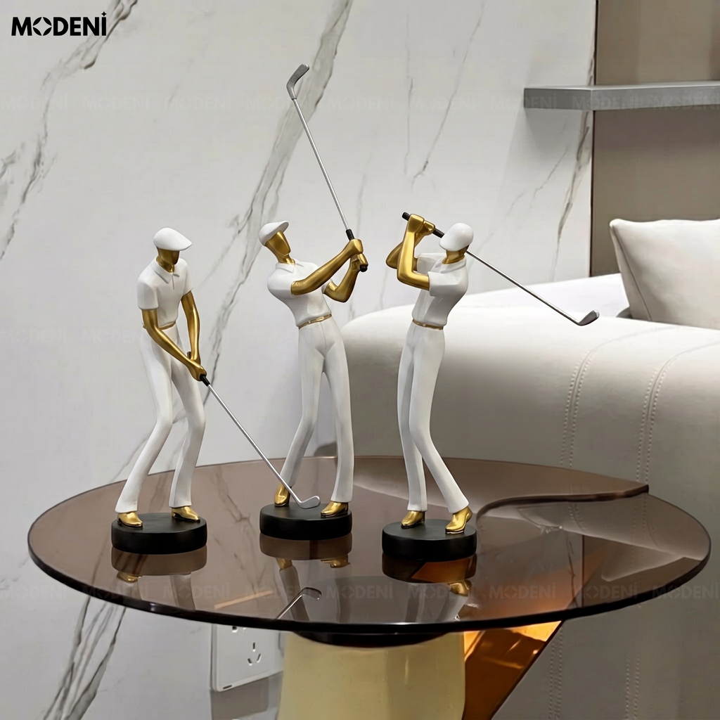 Tượng Golf Boss Trắng Nghệ Thuật Hiện Đại – Cú Vung Lịch Lãm Phối Pha Lê – Decor Bàn Làm Việc, Kệ Sách, Văn Phòng Thiết Kế