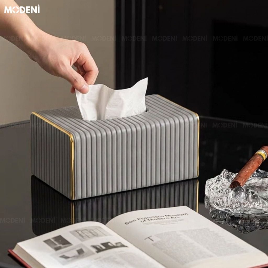 Hộp Khăn Sofie Nordic Grey – Da PU Vân Sọc, Nắp Trượt Viền Mạ Vàng Ánh Kim