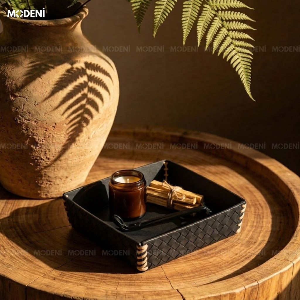 Khay Để Bàn Da Cesto Đen Da PU Họa Tiết Caro Nổi Dễ Dàng Lau Chùi Cho Không Gian Hiện Đại