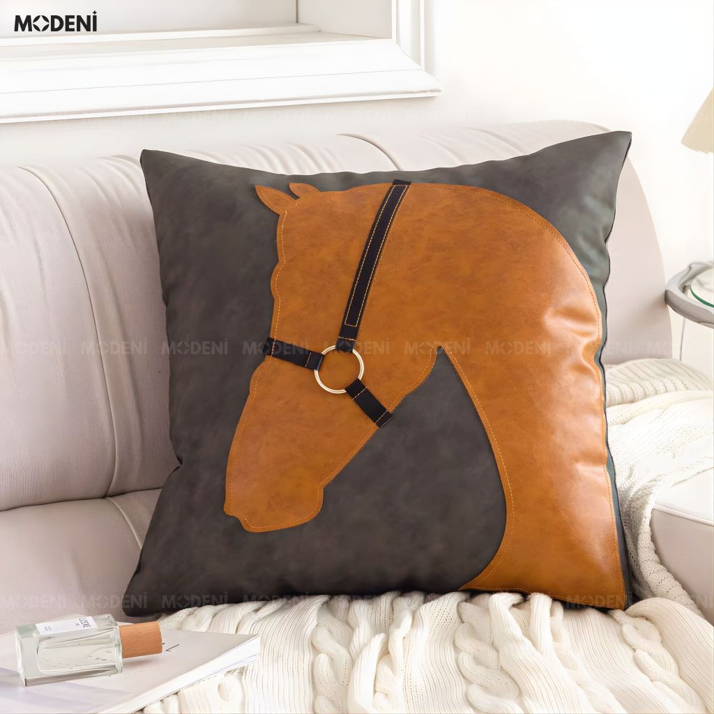 Vỏ Gối Sofa Cao Cấp Luxury Saddle - Vải Cotton Phối Da Họa Tiết Đầu Ngựa Nổi Cổ Điển
