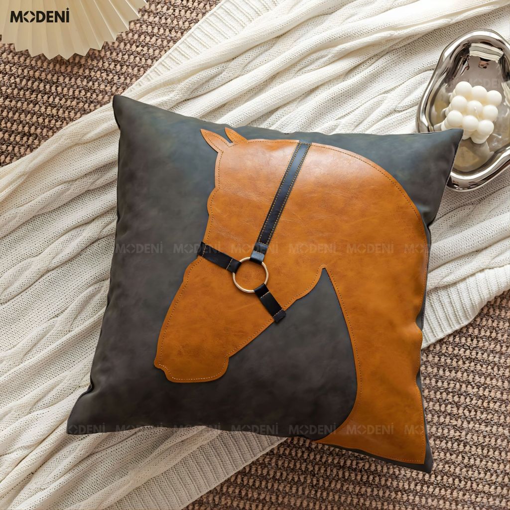 Vỏ Gối Sofa Cao Cấp Luxury Saddle - Vải Cotton Phối Da Họa Tiết Đầu Ngựa Nổi Cổ Điển
