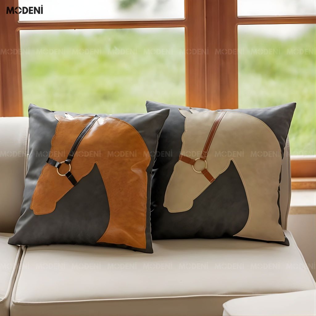Vỏ Gối Sofa Cao Cấp Luxury Saddle - Vải Cotton Phối Da Họa Tiết Đầu Ngựa Nổi Cổ Điển