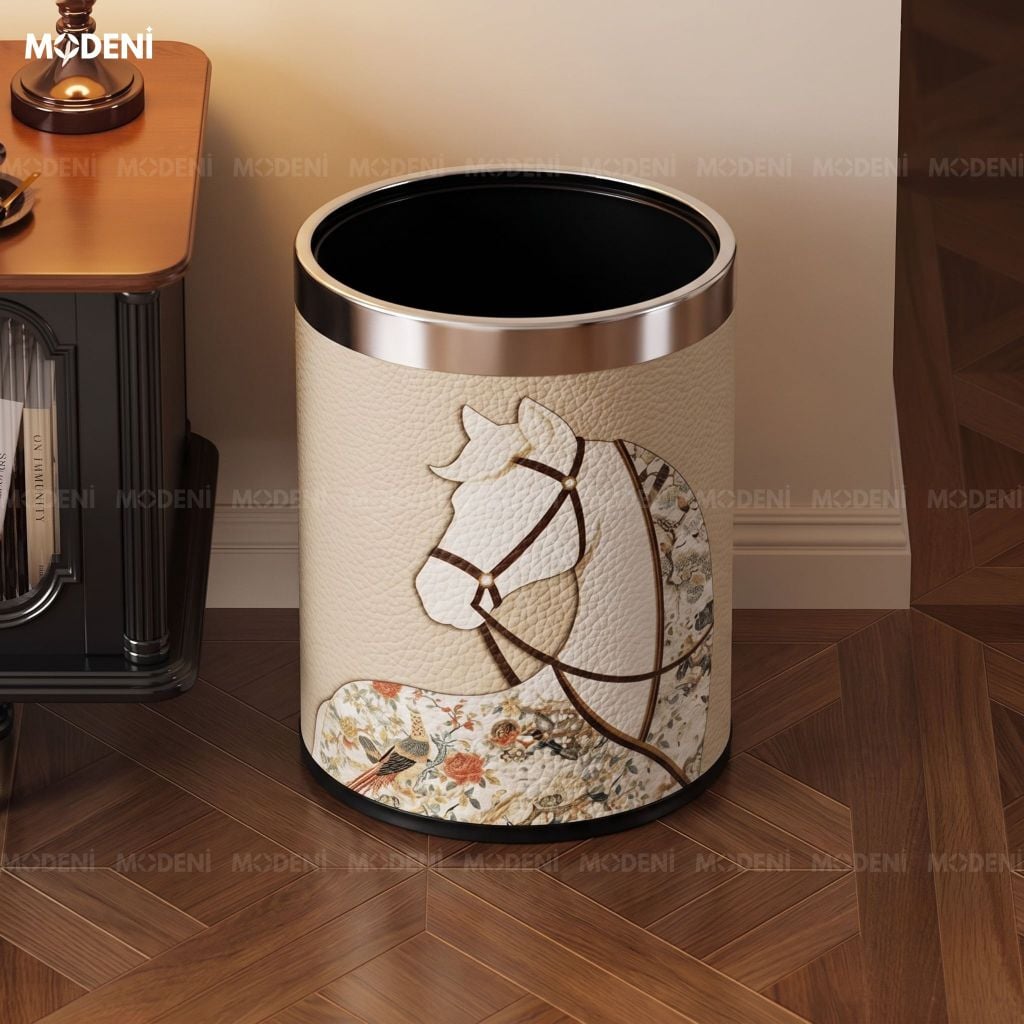 Thùng Rác Trang Trí Epona Da PU Khung Kim Loại Họa Tiết Cổ Điển Viền Bạc Tinh Tế Cho Phòng Khách