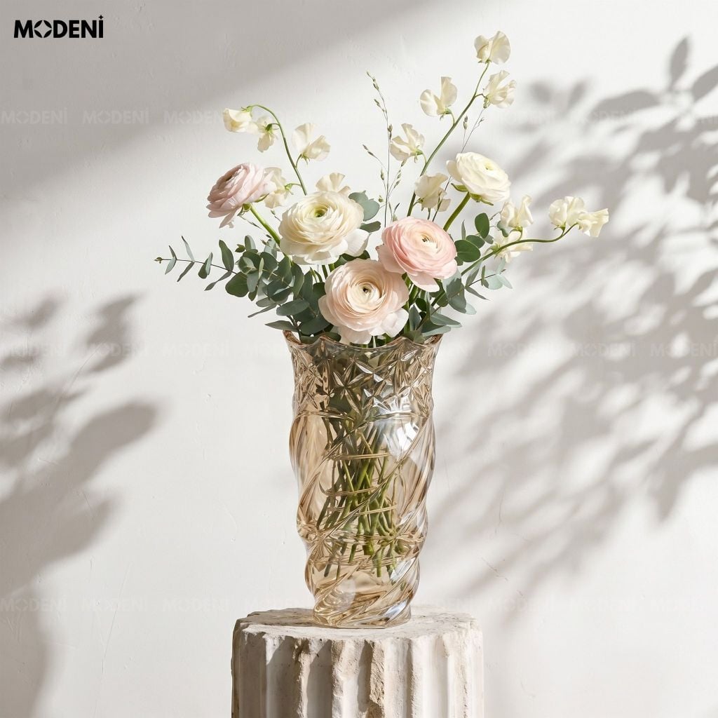 Bình hoa thuỷ tinh Lustro xoắn nghệ thuật cao cấp – Ánh gương phản chiếu sang trọng – Phù hợp decor hiện đại