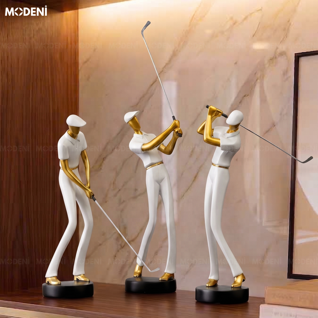 Tượng Golf Boss Trắng Nghệ Thuật Hiện Đại – Cú Vung Lịch Lãm Phối Pha Lê – Decor Bàn Làm Việc, Kệ Sách, Văn Phòng Thiết Kế