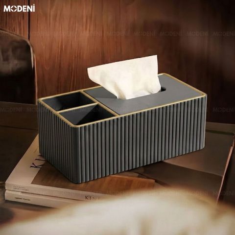  Hộp Khăn Giấy Donna Xám Đậm Da PU Cao Cấp Vân Sọc Tinh Tế Nắp Phối Viền Vàng Phong Cách Minimalist Cho Phòng Khách 
