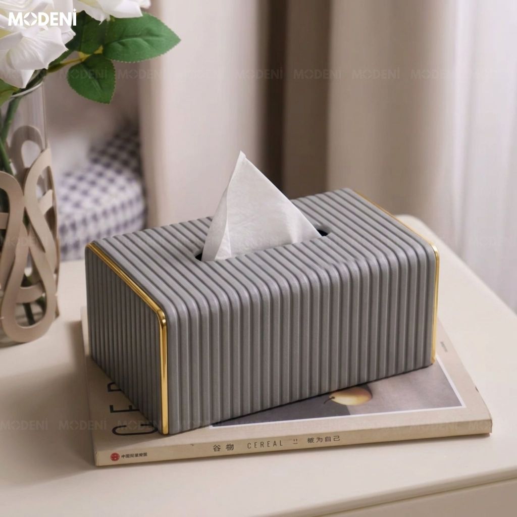 Hộp Khăn Sofie Nordic Grey – Da PU Vân Sọc, Nắp Trượt Viền Mạ Vàng Ánh Kim