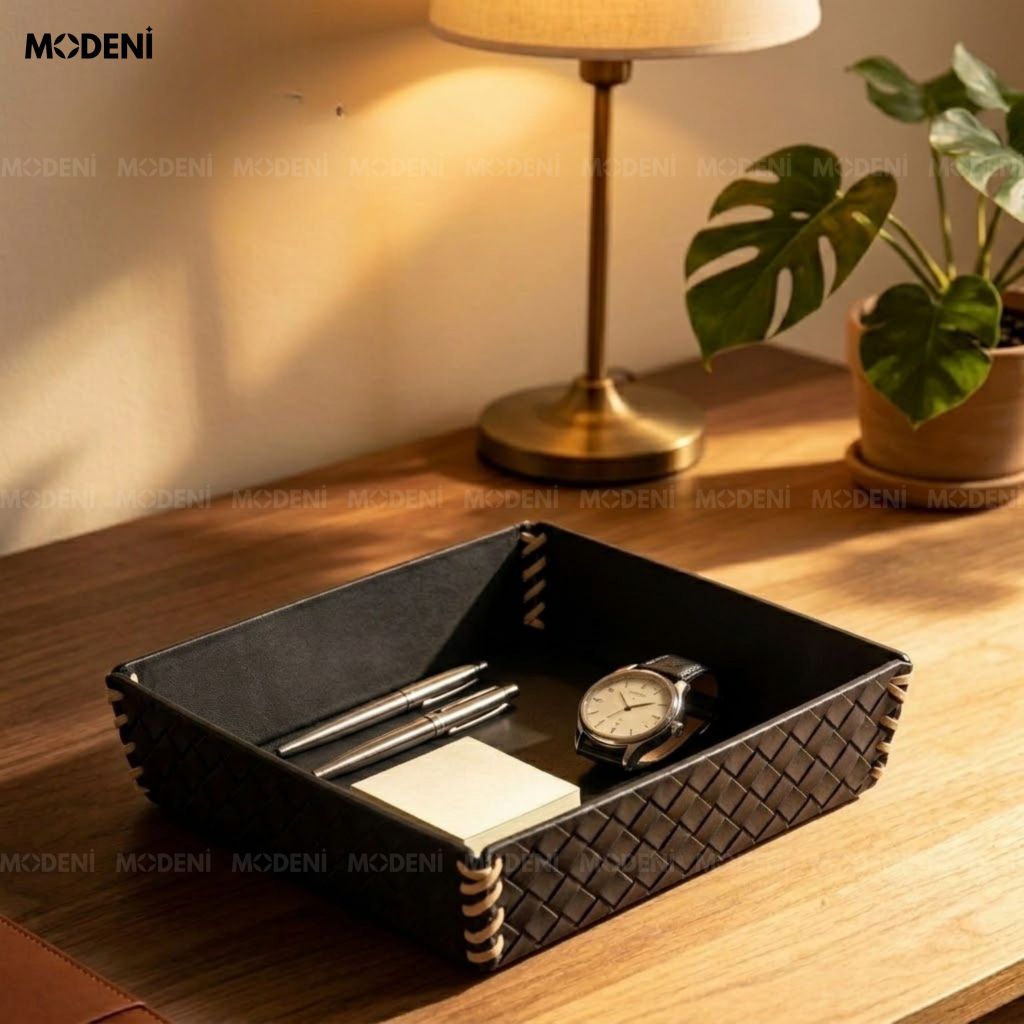 Khay Để Bàn Da Cesto Đen Da PU Họa Tiết Caro Nổi Dễ Dàng Lau Chùi Cho Không Gian Hiện Đại