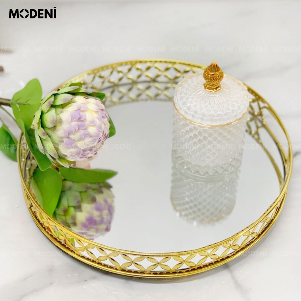 Khay Leona Tròn – Decor Mặt Gương Inox Vàng – Sang Trọng, Tinh Tế, Đậm Chất Châu Âu Cổ Điển Cho Bàn Trang Điểm, Sofa, Console