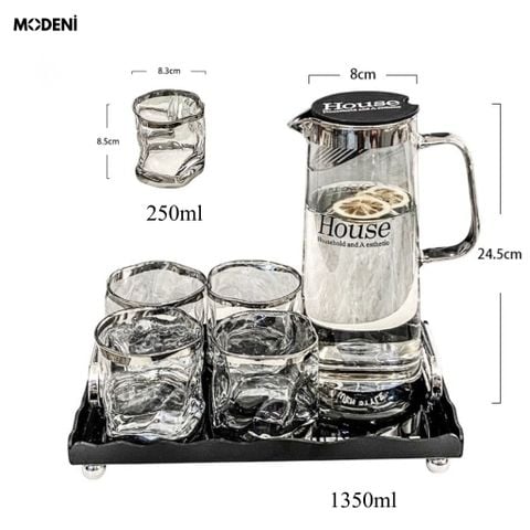  Hilda – Bộ Bình Ly Thủy Tinh Cao Cấp Sang Trọng – 1 Bình 6 Ly Kèm Khay Cho Bàn Tiếp Khách, Biệt Thự hoặc Quà Tặng 