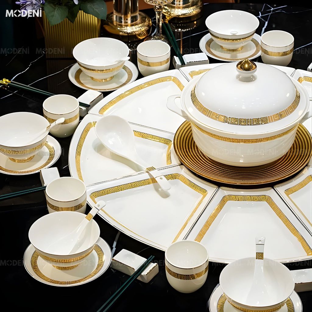 Bộ Chén Đĩa Tròn Sứ Xương Trevi Cao Cấp – Viền Vàng Hoàng Kim Tinh Xảo, Nghệ Thuật Hoàng Gia Cho Bàn Tiệc Sang Trọng