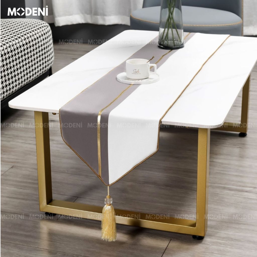 Khăn Bàn Table Runner Gray Renai Cao Cấp – Thiết Kế Trắng Xám Ánh Vàng Thanh Lịch – Dành Cho Bàn Sofa, Bàn Tiệc Dài 1m8 – 2m4