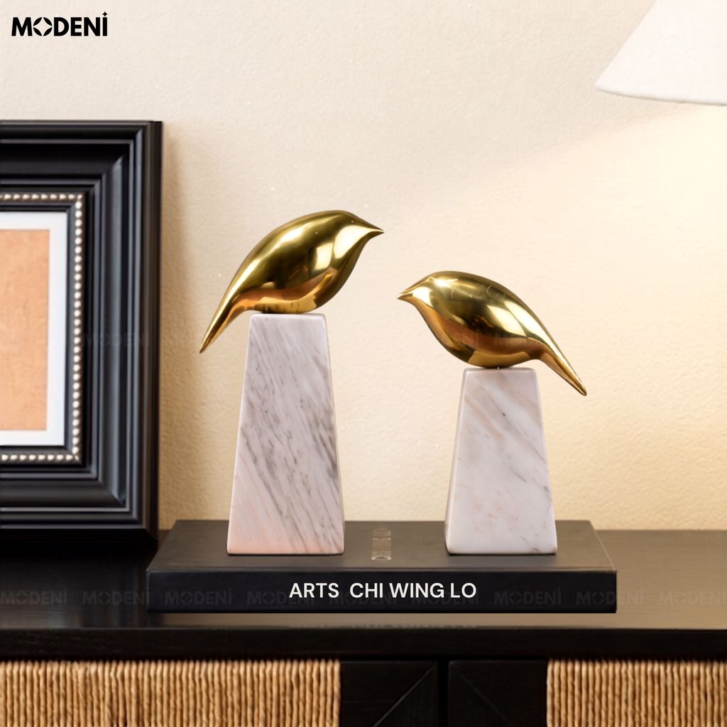 Tượng Aurora Chim Nghệ Thuật Cao Cấp – Ánh Kim Sang Trọng, Đế Đá Cẩm Thạch – Decor Bàn Console, Kệ Tủ, Không Gian Hiện Đại