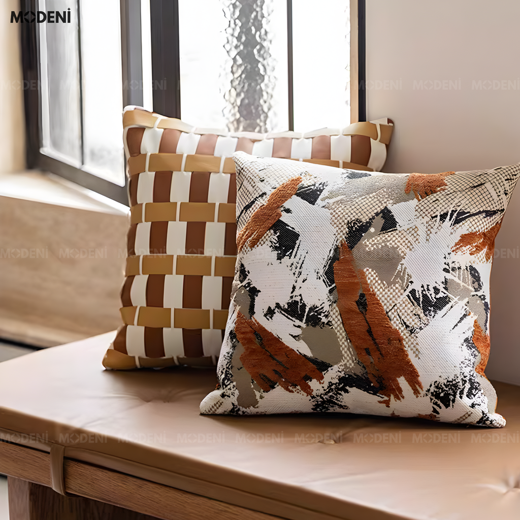 Vỏ Gối Sofa Woven – Da Microfiber Kết Hợp Vải Nhung Họa Tiết Caro Đa Lớp Đan Tay Hiện Đại