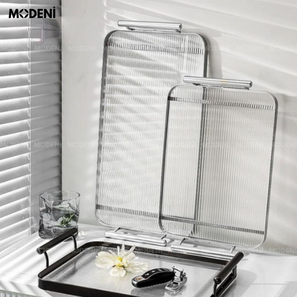 Khay Oriana Silver – Khay Decor Bắc Âu Sang Trọng – Tay Cầm Vàng Tinh Tế, Đựng Bánh Kẹo, Đồ Uống