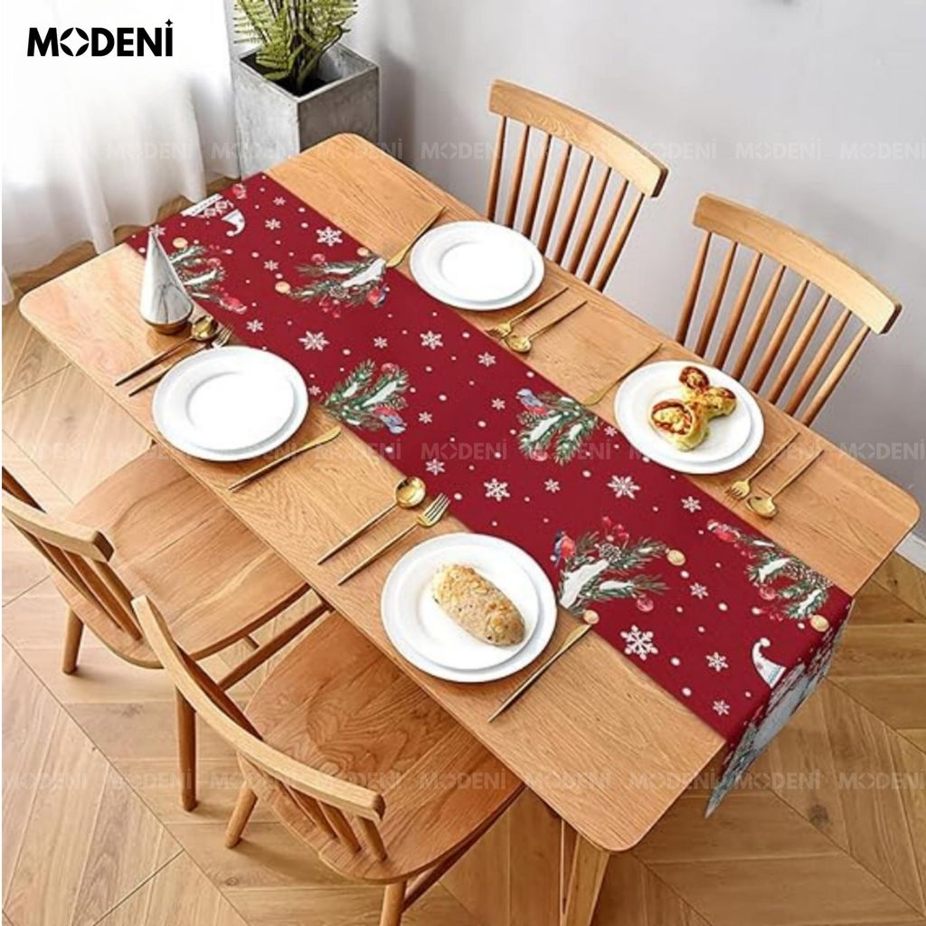 Khăn Table Runner Christmas Mr.Claus Red – Santa & Forest Scene, Dài 3m, Decor Giáng Sinh Ấm Cúng