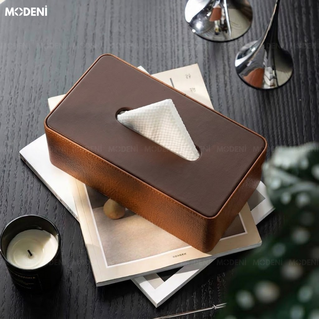 Hộp Khăn Giấy Valiso Da Phối Quai Nâu Dáng Rương Cổ Điển Màu Trắng Giữ Form Cứng Cáp Cho Bàn Trà Phòng Khách
