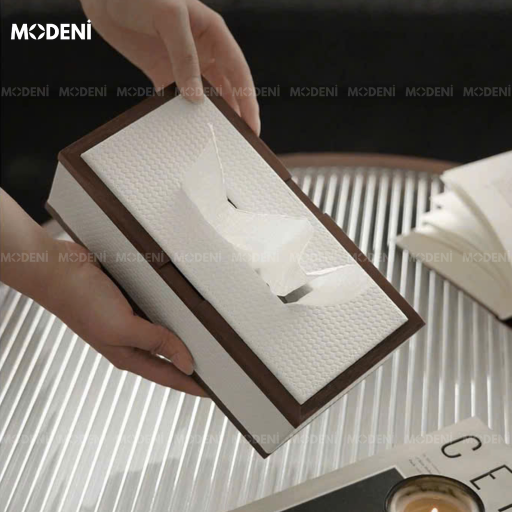 Hộp Khăn Giấy Orna Trắng Gỗ Phối Da Cao Cấp Phong Cách Japandi Tối Giản Sang Trọng Cho Phòng Ngủ Và Văn Phòng