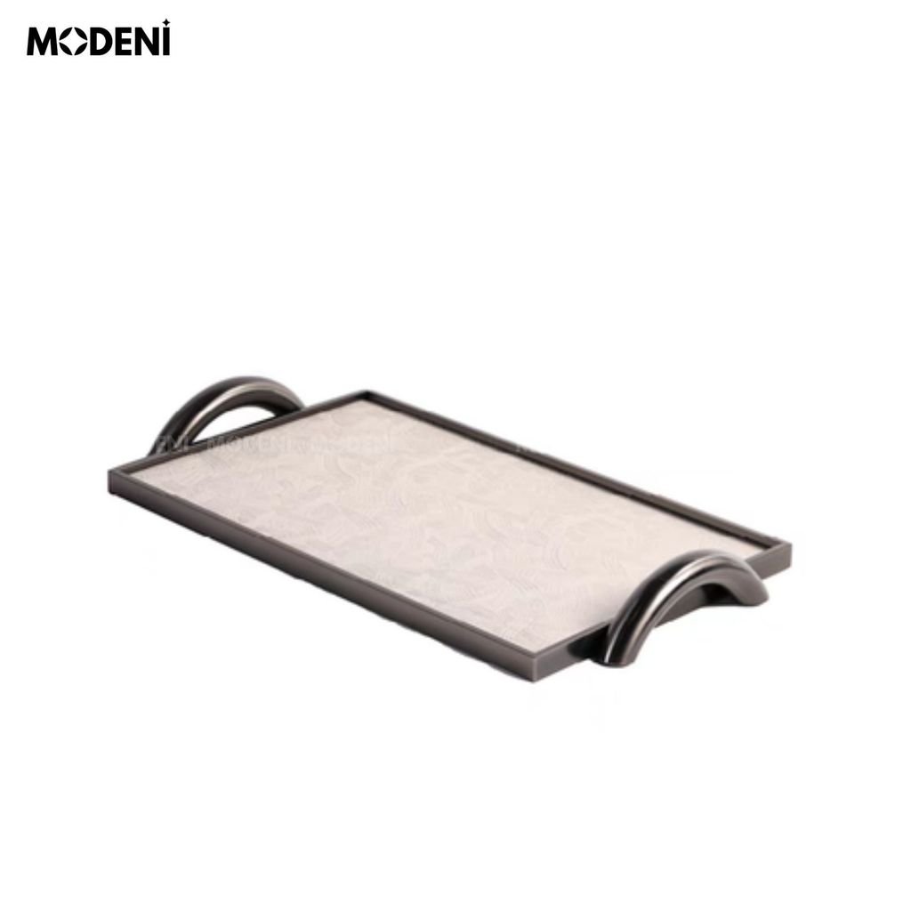 Khay Chữ Nhật Clitus Trắng – Khay Decor Sang Trọng Hiện Đại – Phối Vân Nổi Chống Thấm, Tay Cầm Mạ Kim Sáng Bóng – Phù Hợp Trang Trí Bàn Sofa, Console, Quầy Bar
