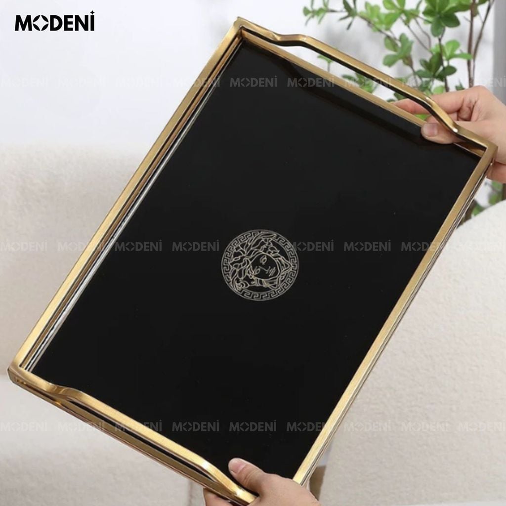 Khay Barocco Chữ Nhật – Decor Luxury Viền Vàng Mặt Gương Đen – Sang Trọng, Tinh Xảo Cho Bàn Console, Bàn Sofa Phong Cách Châu Âu Hiện Đại