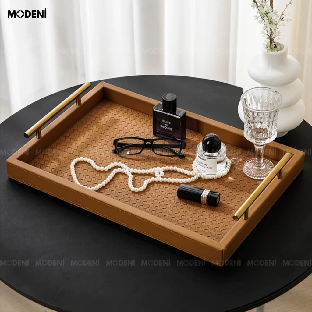 Khay Trang Trí Maroni Nâu Bọc Da PU Cao Cấp Tay Cầm Mạ Vàng Sang Trọng Cho Bàn Sofa