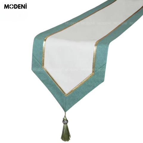 khăn table runner travi cao cấp màu xanh mint phối vàng