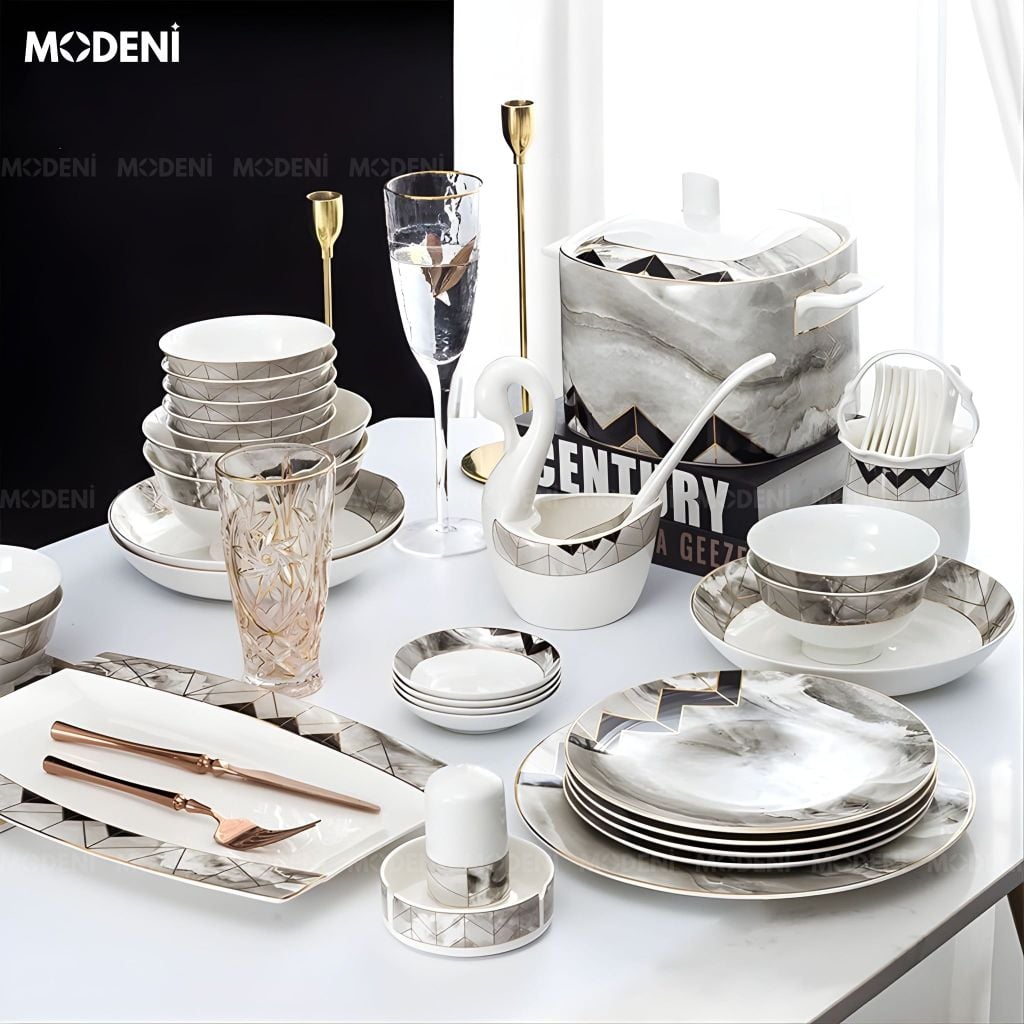 Bộ Chén Đĩa Noble Sứ Xương Trong Suốt Men Nano-Polymer Họa Tiết Đá Cẩm Thạch Cho Bàn Ăn Hiện Đại Sang Trọng