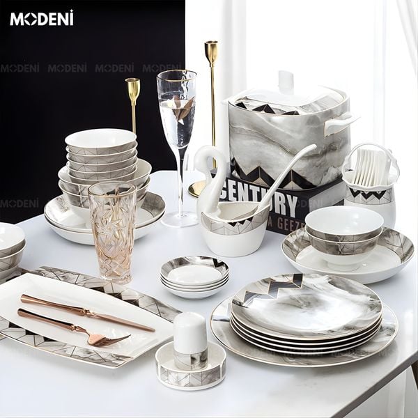  Bộ Chén Đĩa Noble Sứ Xương Trong Suốt Men Nano-Polymer Họa Tiết Đá Cẩm Thạch Cho Bàn Ăn Hiện Đại Sang Trọng 