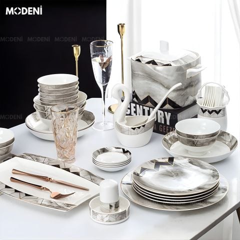  Bộ Chén Đĩa Noble Sứ Xương Trong Suốt Men Nano-Polymer Họa Tiết Đá Cẩm Thạch Cho Bàn Ăn Hiện Đại Sang Trọng 