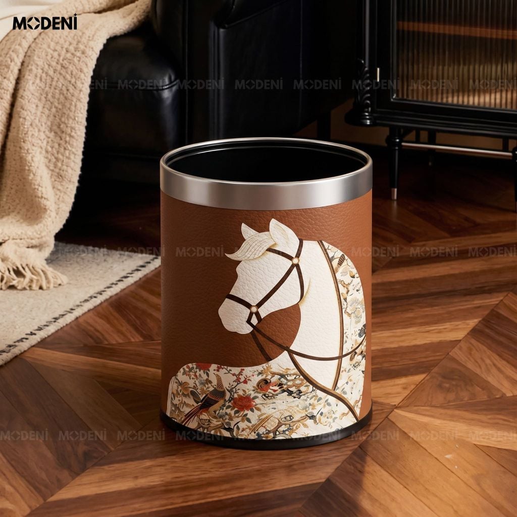 Thùng Rác Decor Cavallo Kim Loại Phối Da Cao Cấp Nghệ Thuật Hoàng Gia Nổi Bật Bức Họa Bạch Mã Khung Gold Cho Không Gian Làm Việc