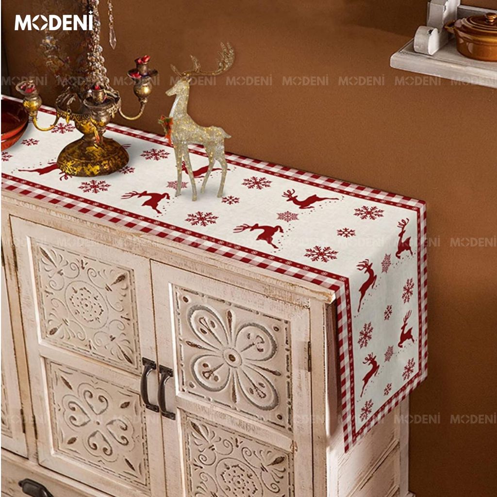 Khăn Trải Bàn Table Runner White Deer Cao Cấp – Trang Trí Giáng Sinh “Tuần Lộc Trên Tuyết” Nghệ Thuật – Table Runner Red Vintage