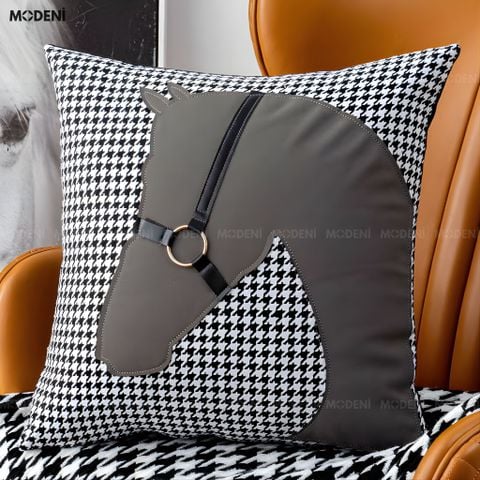  Vỏ Gối Sofa Cao Cấp Gentry - Vải Cotton Phối Da Họa Tiết Đầu Ngựa Nổi Cổ Điển 