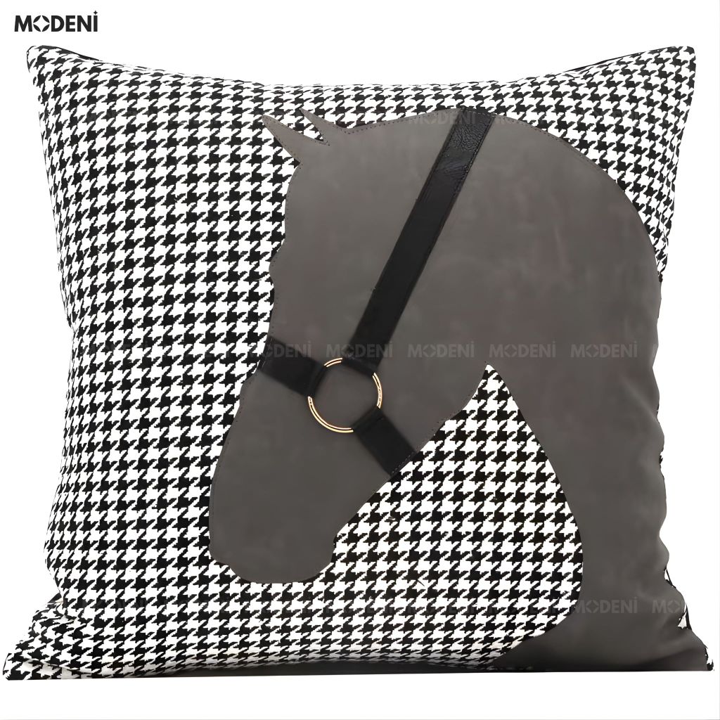 Vỏ Gối Sofa Cao Cấp Gentry - Vải Cotton Phối Da Họa Tiết Đầu Ngựa Nổi Cổ Điển