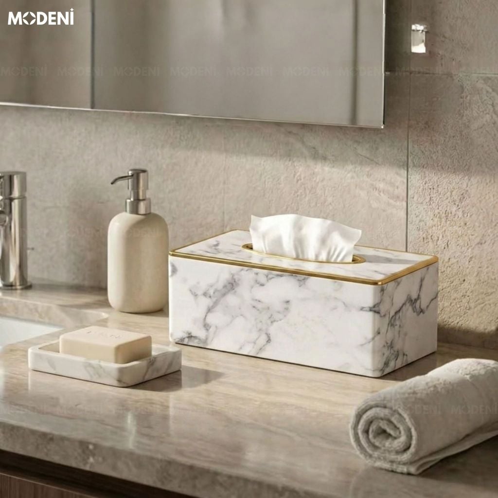 Hộp Khăn Giấy Sapi Trắng Vân Đá Da PU Cao Cấp Hiện Đại Cho Phòng Khách Và Văn Phòng