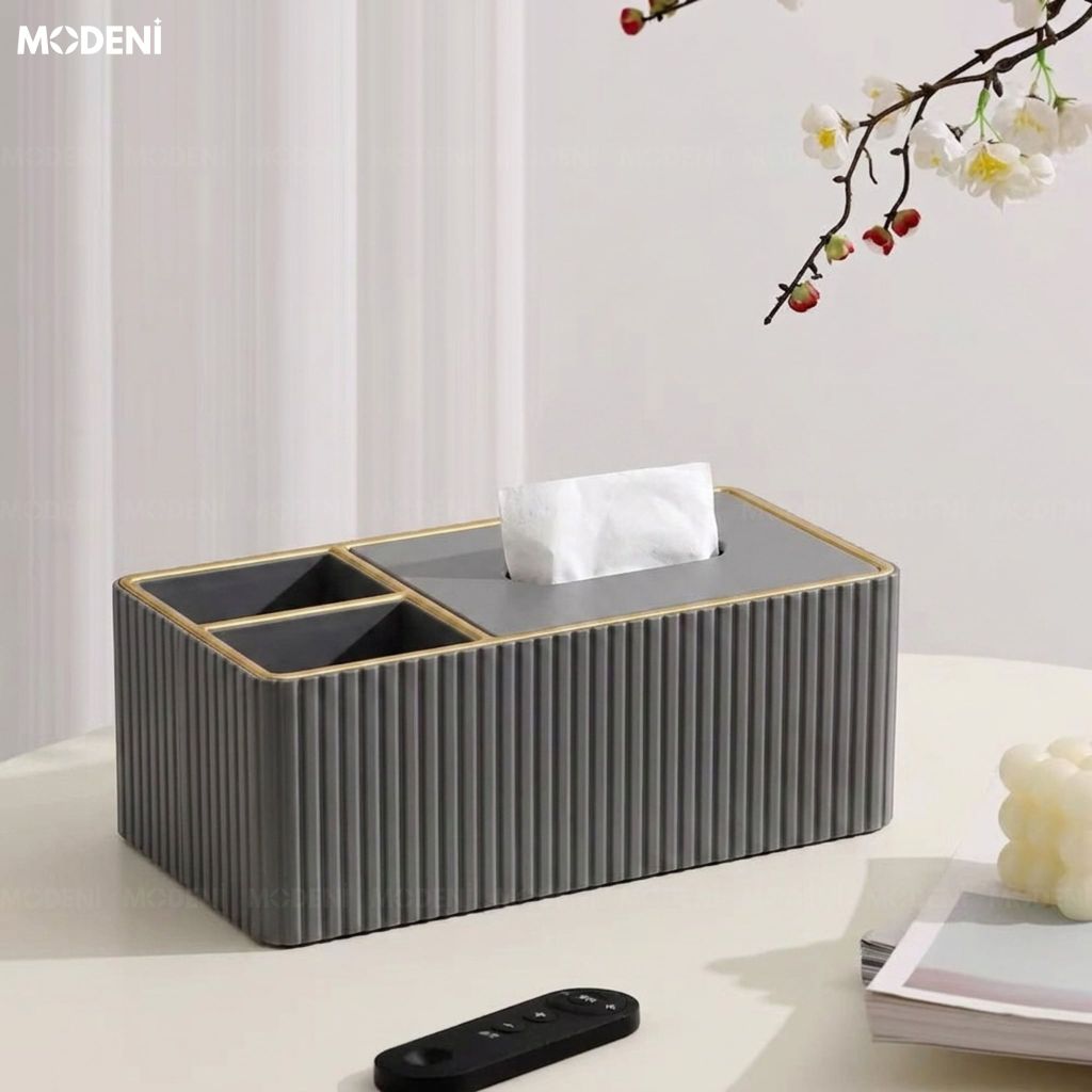 Hộp Khăn Giấy Donna Xám Đậm Da PU Cao Cấp Vân Sọc Tinh Tế Nắp Phối Viền Vàng Phong Cách Minimalist Cho Phòng Khách