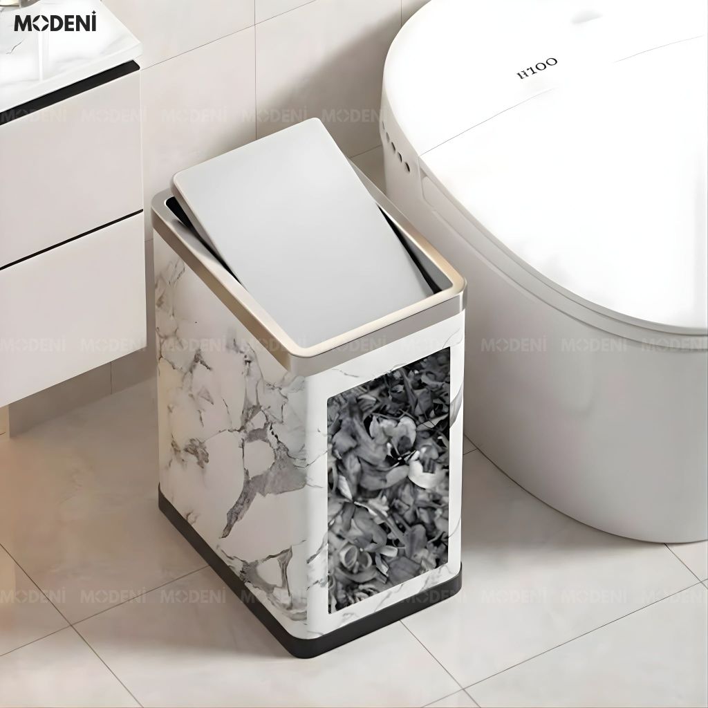 Thùng Rác Carrara Da Cao Cấp Nắp Lật Tự Cân Bằng Họa Tiết Vân Đá Hiện Đại Phù Hợp Cho Không Gian Sinh Hoạt Hiện Đại
