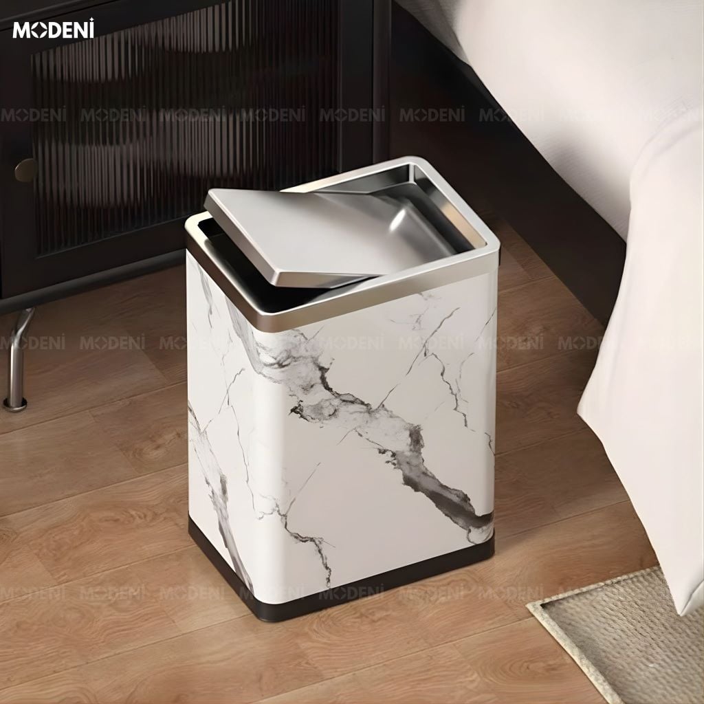 Thùng Rác Carrara Da Cao Cấp Nắp Lật Tự Cân Bằng Họa Tiết Vân Đá Hiện Đại Phù Hợp Cho Không Gian Sinh Hoạt Hiện Đại