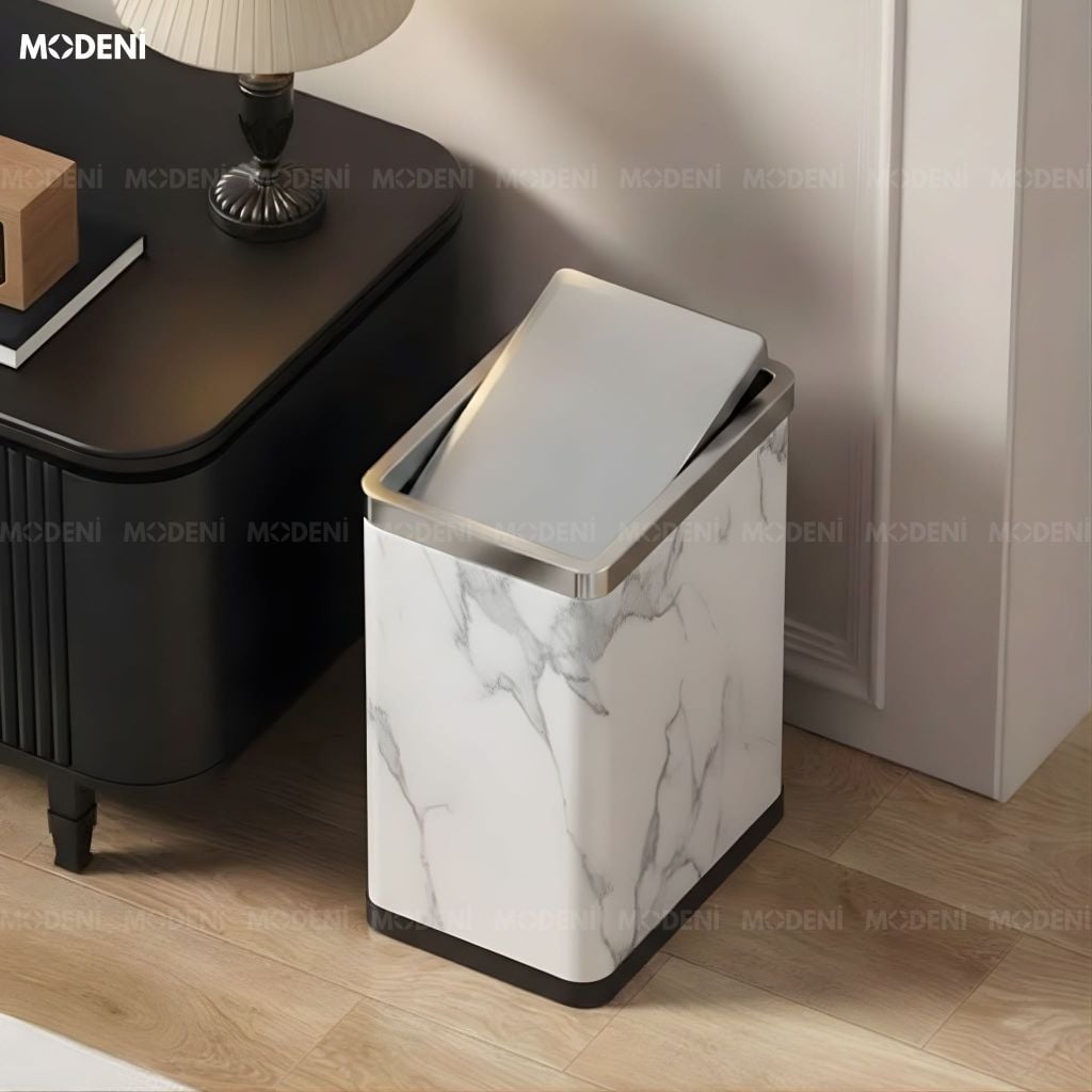 Thùng Rác Carrara Da Cao Cấp Nắp Lật Tự Cân Bằng Họa Tiết Vân Đá Hiện Đại Phù Hợp Cho Không Gian Sinh Hoạt Hiện Đại