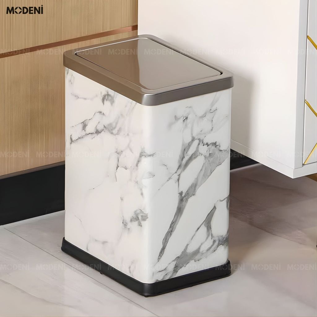 Thùng Rác Carrara Da Cao Cấp Nắp Lật Tự Cân Bằng Họa Tiết Vân Đá Hiện Đại Phù Hợp Cho Không Gian Sinh Hoạt Hiện Đại