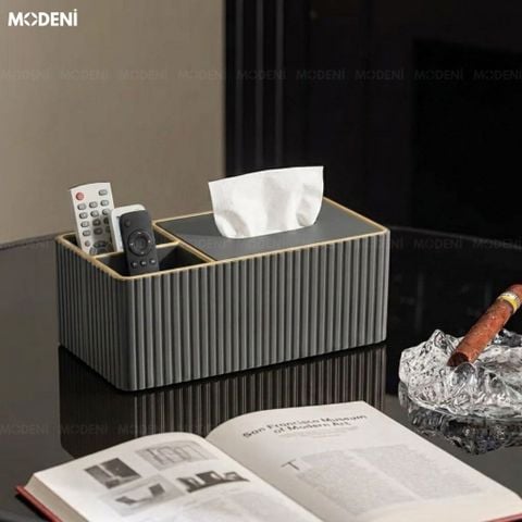  Hộp Khăn Giấy Donna Xám Đậm Da PU Cao Cấp Vân Sọc Tinh Tế Nắp Phối Viền Vàng Phong Cách Minimalist Cho Phòng Khách 
