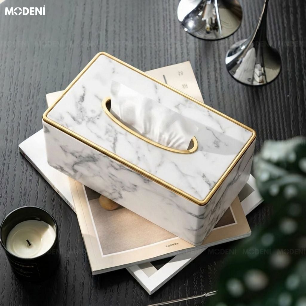 Hộp Khăn Giấy Sapi Trắng Vân Đá Da PU Cao Cấp Hiện Đại Cho Phòng Khách Và Văn Phòng
