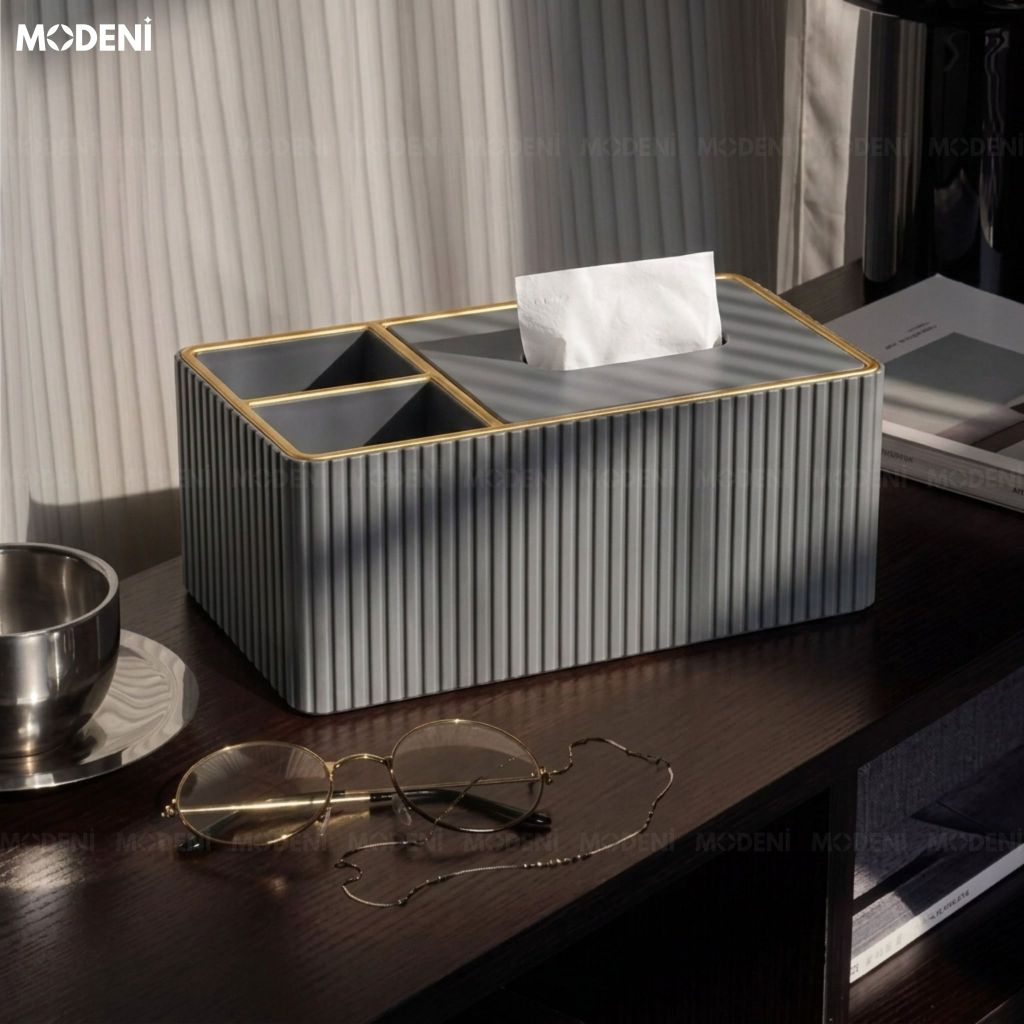 Hộp Khăn Giấy Donna Xám Đậm Da PU Cao Cấp Vân Sọc Tinh Tế Nắp Phối Viền Vàng Phong Cách Minimalist Cho Phòng Khách