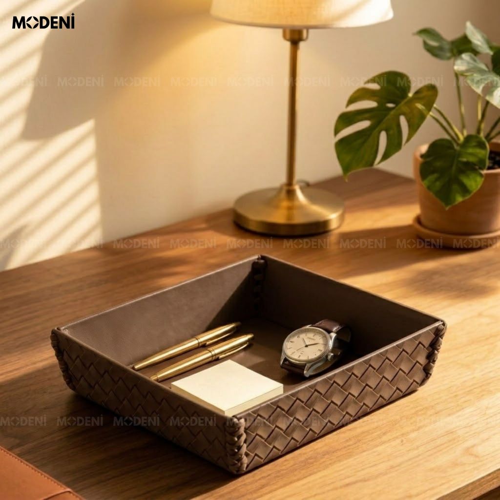 Khay Để Bàn Da Cesto Nâu Đậm Da PU Họa Tiết Caro Nổi Dễ Dàng Lau Chùi Cho Không Gian Hiện Đại