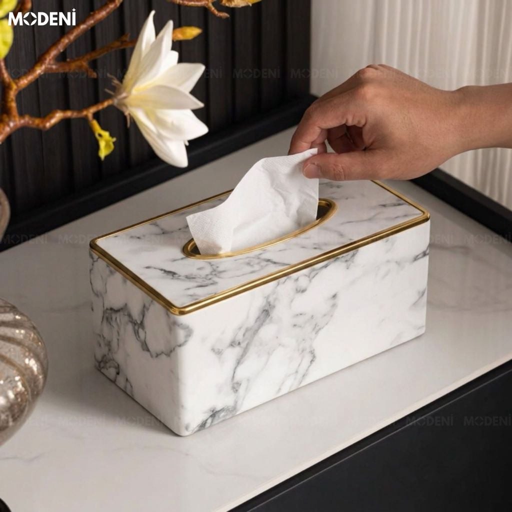Hộp Khăn Giấy Sapi Trắng Vân Đá Da PU Cao Cấp Hiện Đại Cho Phòng Khách Và Văn Phòng