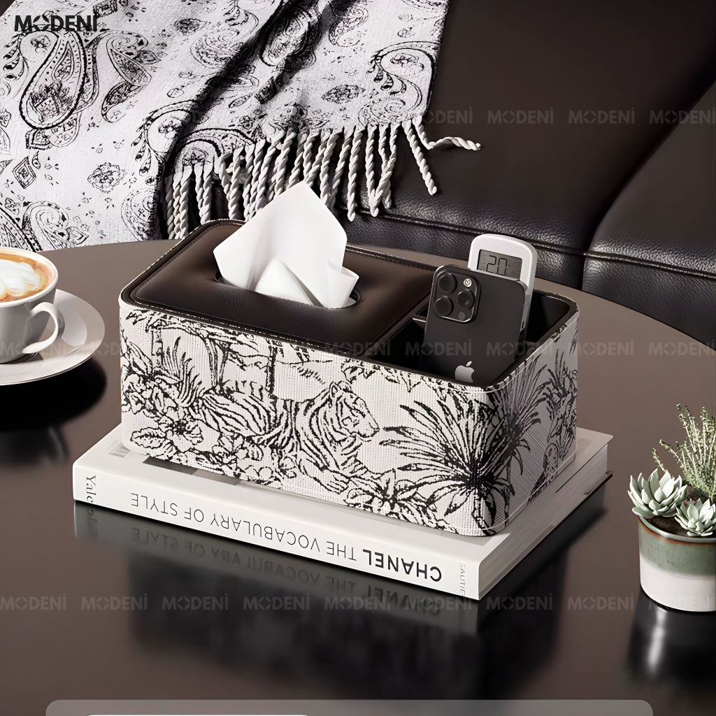 Hộp Khăn Giấy Vanity Bọc Da Cao Cấp Họa Tiết Toile Nghệ Thuật - Vẻ Đẹp Cổ Điển Sagn Trọng Cho Phòng Khách Luxury
