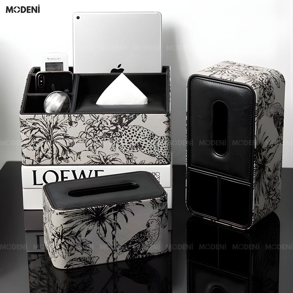 Hộp Khăn Giấy Habitat Bọc Da Cao Cấp Họa Tiết Toile Nghệ Thuật - Vẻ Đẹp Cổ Điển Sang Trọng Cho Phòng Khách Luxury