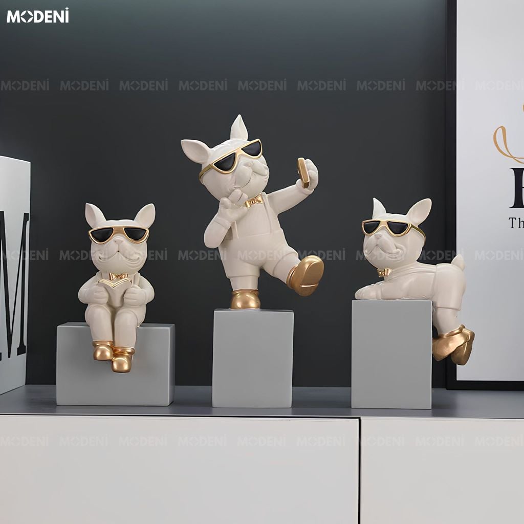 Tượng Trang Trí Chó Bulldog Duo Kiêm Chặn Sách Composite Xám Hiện Đại Cá Tính
