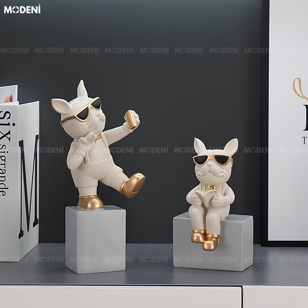 Tượng Trang Trí Chó Bulldog Duo Kiêm Chặn Sách Composite Xám Hiện Đại Cá Tính