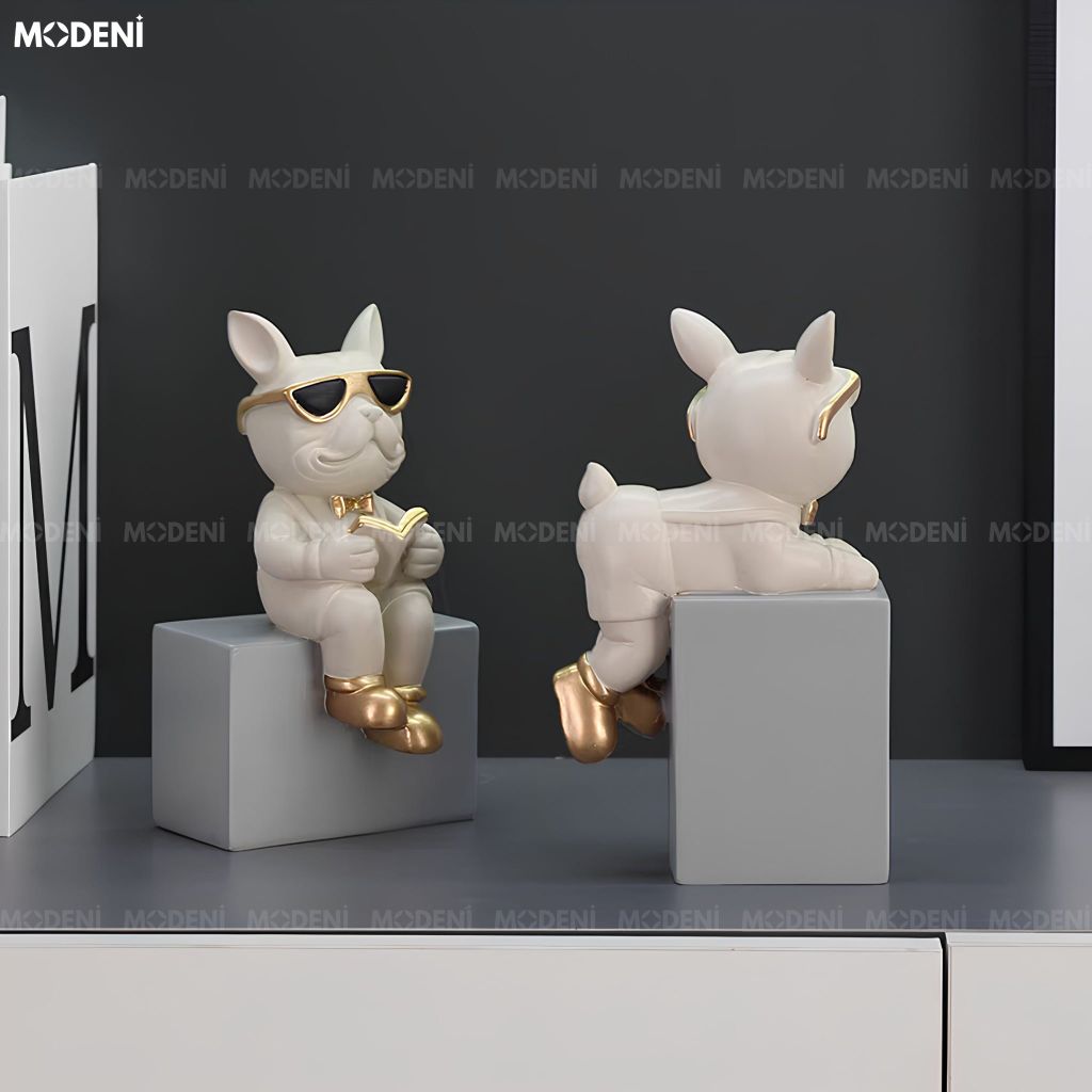 Tượng Trang Trí Chó Bulldog Duo Kiêm Chặn Sách Composite Xám Hiện Đại Cá Tính
